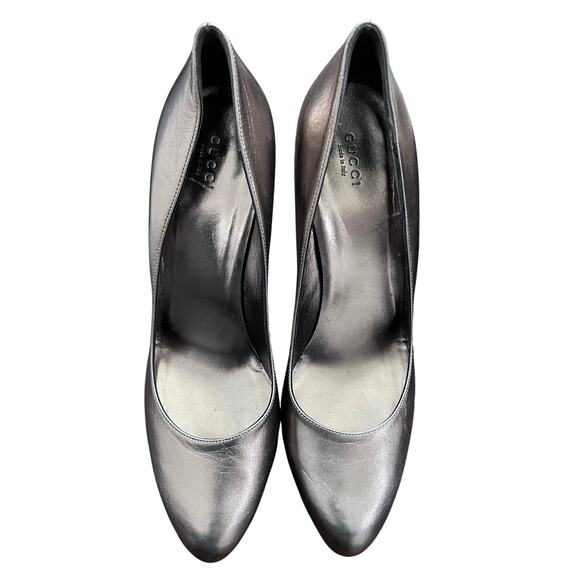 Gucci Metallic Gunmetal Leather Platform Pumps Size 40.5 Made in Italy High Heel - Picture 9 of 16